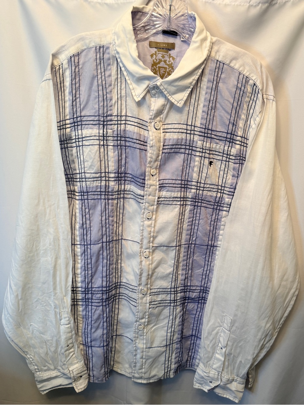FIUME Men’s 54 Large Linen Embroidered Plaid Pattern Shirt White Blue Italian